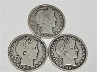 1906 Silver Barber Half Dollar Coins (3)