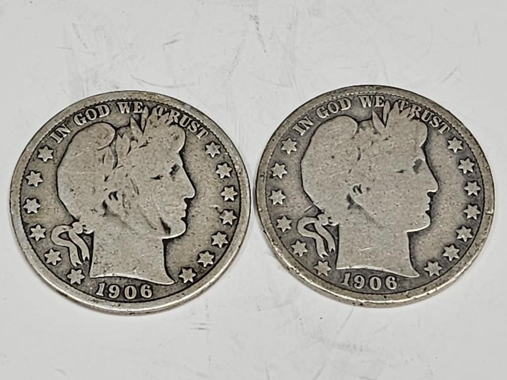 1906 D Silver BArber Half Dollar Coins (2)