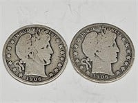 1906 D Silver BArber Half Dollar Coins (2)