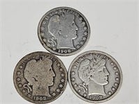 1908 S Silver Barber Half Dollar Coins (3)