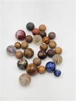 OVER 25 ANTIQUE MARBLES-CLAY, GLASS, STONEWARE