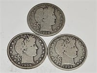 1908 D Silver Barber Half Dollar Coins (3)