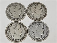 1908 Silver Barber Half Dollar COins (4)