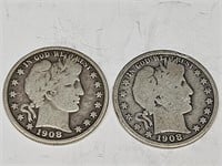 1908 O Silver Barber Half Dollar Coins (2)