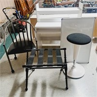 Desk, chair, stool, whiteboard