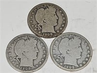 1908 O Silver Barber Half Dollar Coins (3)