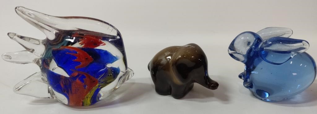 Art Glass Fish, Rabbit & Pottery Elephant