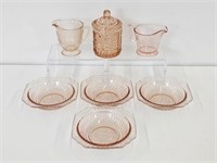 7 PIECES OF PINK DEPRESSION GLASS - 3" TO 5.5" DIA
