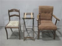 Two Vtg Chairs & Tray Stand See Info