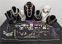 TABLE LOT OF COLORFUL JEWELRY - OVER 60 PIECES