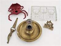 GLASS INKWELL, BRASS INKWELL, CAST CRAB PLUS
