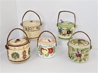 5 LIDDED BISCUIT JARS - 5.25 TO 6" TALL