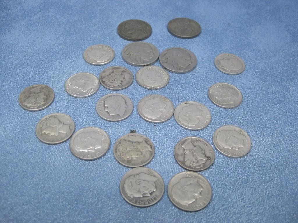 Seventeen Silver Content Dimes & Four Nickels