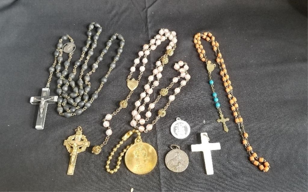 Lot of 3 Vintage Rosaries and 5 Pendants