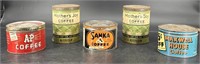 5 Antique Coffee Cans A&P, Mothers Joy, Sanka &