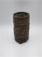 BRONZE FOOTED ASIAN VASE SIGNED - DRAGON & BIRDS
