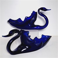 Pair of Vintage Blue Glass Swans
