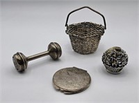 SILVERPLATE RATTLE, BASKET, PAPERWEIGHT, COMPACT