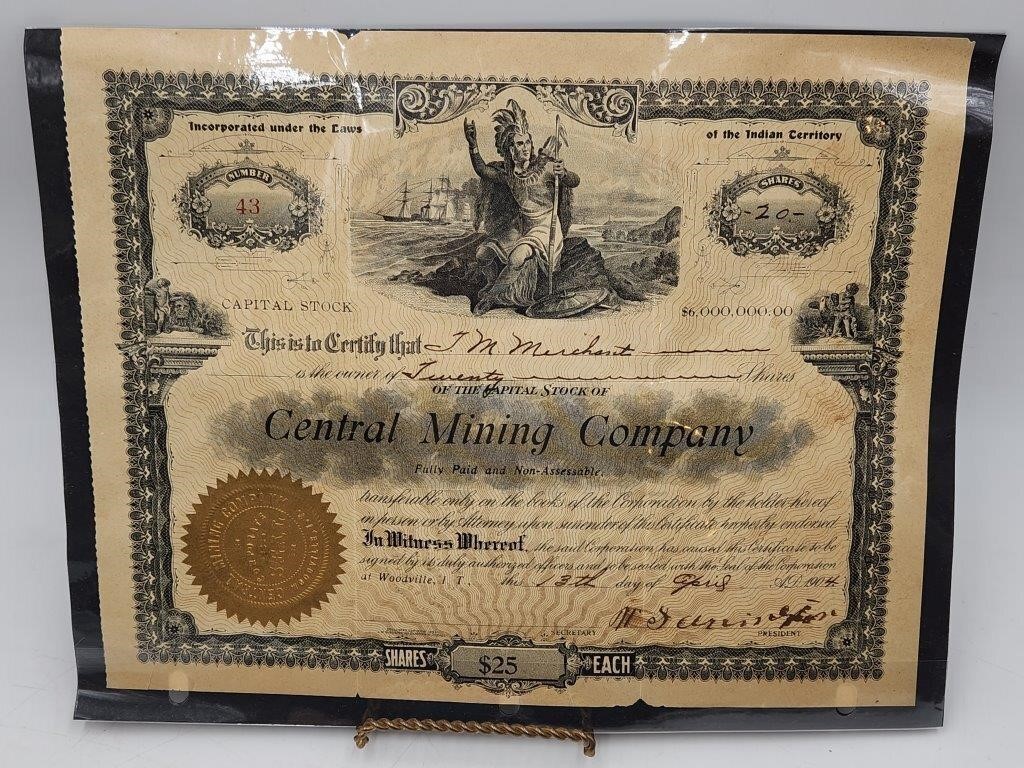 1904 20 Shares Central Mining Co. Indian Territory