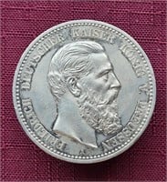 High Grade 1888 Prussian 5 Mark .900 Silver Coin