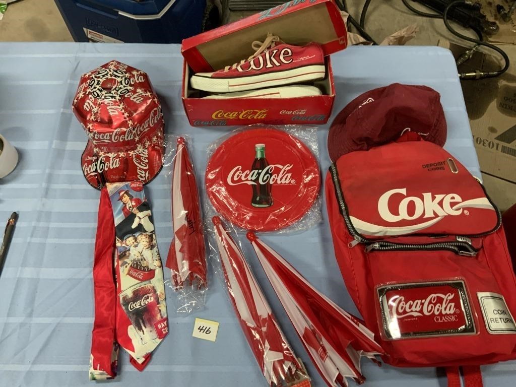 Coke running shoes in box, hats, backpack