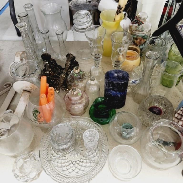 Large Assortment of Glass Vases, Oil Lamps