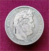1837-B French Philippe I Five Francs Silver Coin