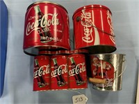 Coke coin bank, pails & tins