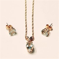 14K Gold & Aquamarine 17" Necklace & Earrings