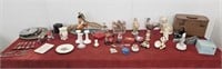 8 FOOT TABLE OF FIGURINES, PORCELAIN, SILVERPLATE