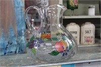 FRUIT DECORATED CLEAR GLASS PITCHER