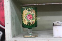 ENAMEL DECORATED GREEN ART GLASS FOOTED VASE