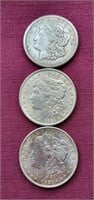 Three 1921 P S & D US Morgan Silver Dollar Coins