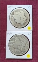 TWO 1890-O & 1891-O US Morgan Silver Dollar Coins