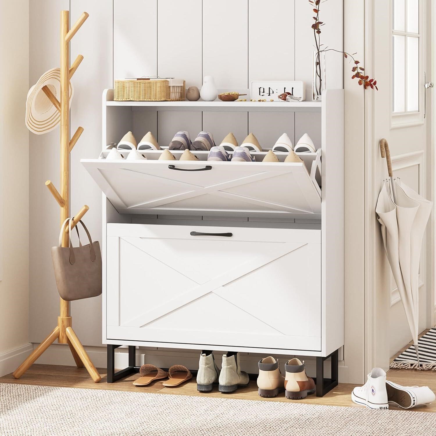 Maupvit Shoe Cabinet  2 Flip Drawers  White