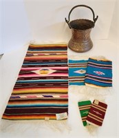 8" Hand Wrought Mexican Copper Bucket & Weavings