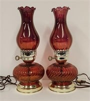 Pair 15" Mid Century Cranberry Red Table Lamps