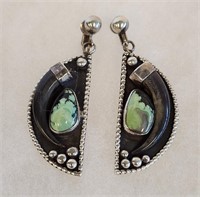 Vtg Navajo Silver & Green Turquoise Earrings MK