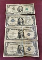THREE US $1 Silver Certificates & ONE $2 Note