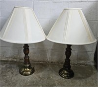 2 Vtg Matching Wooden & Brass Base Table Lamps