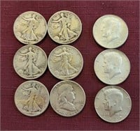 6 US Silver & 3 40% Silver Half Dollars Coins