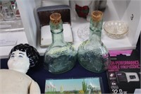 EMBOSSED GREEN GLASS BOTTLES WITH STOPPERS
