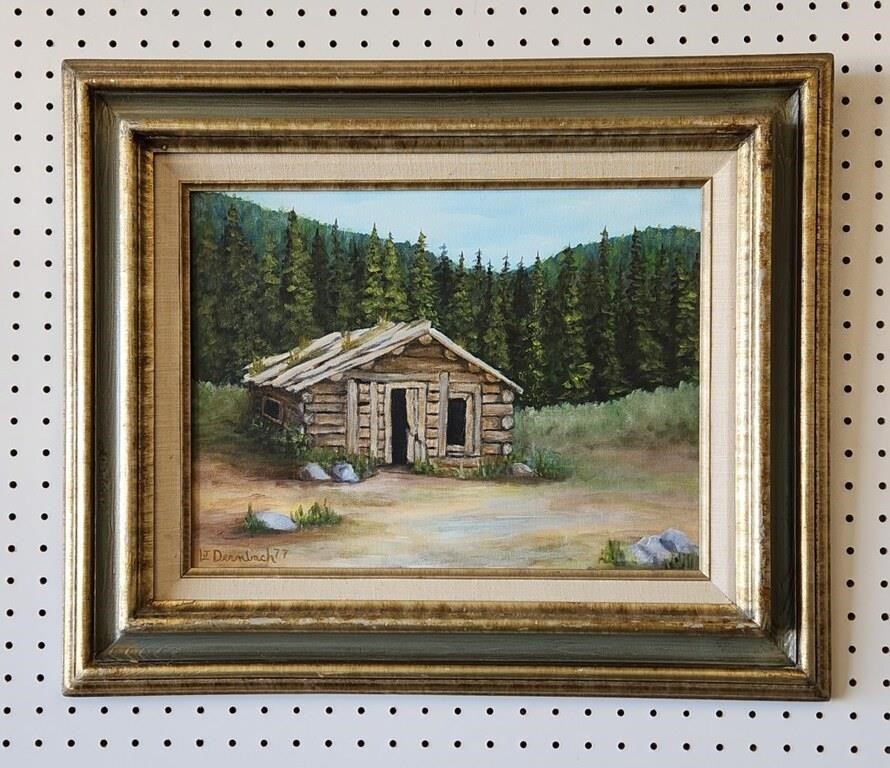 1977 Oil Painting Log Cabin Scene By LJ Dernbach