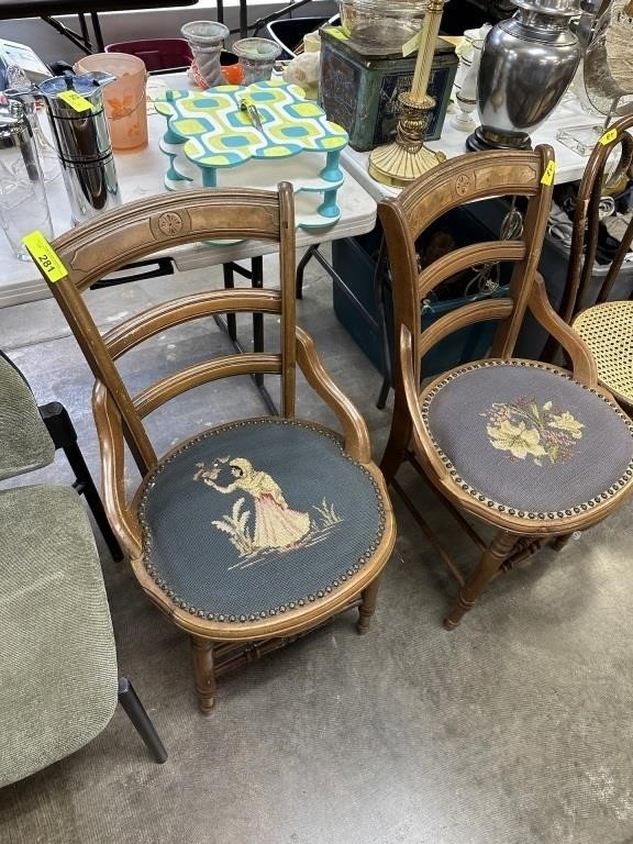 2PC ANTIQUE EASTLAKE NEEDLEPOINT SEAT CHAIRS