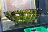 GREEN GLASS FOOTED BOWL