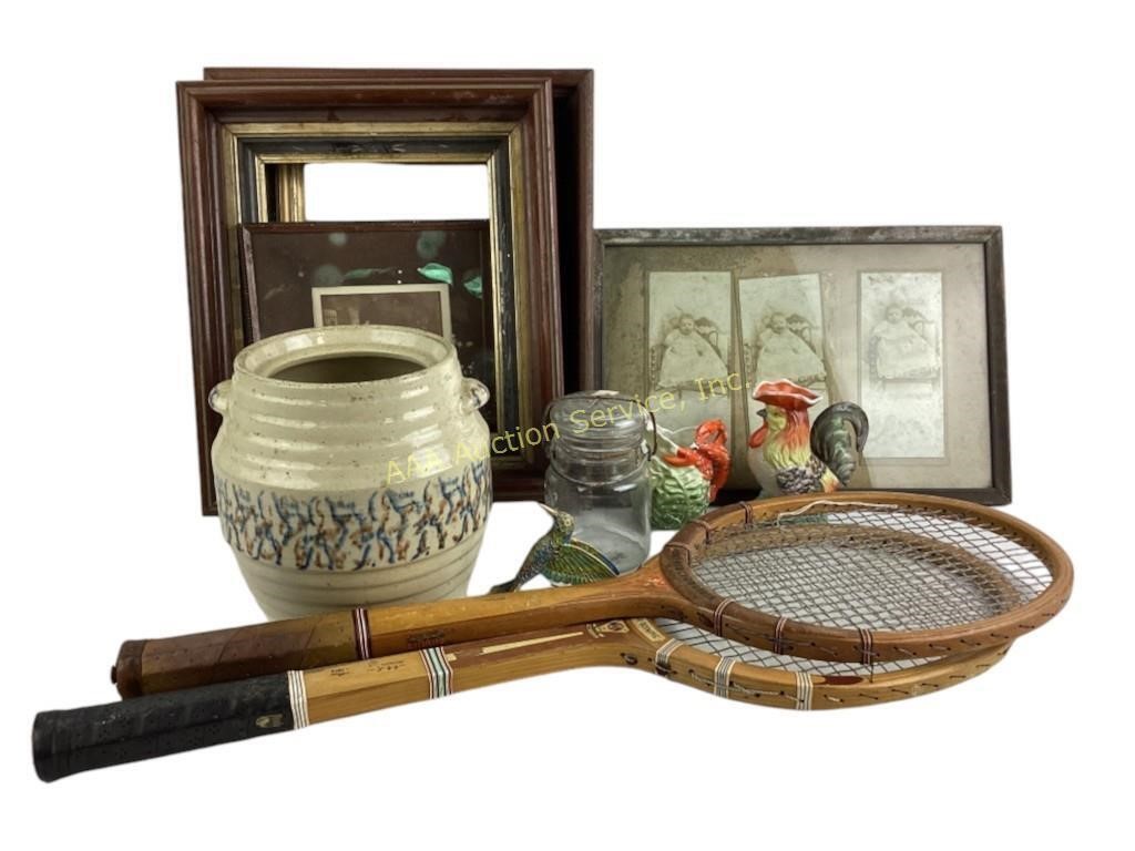 Badminton rackets (2).  Pottery crock (no lid).