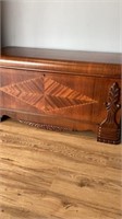 Inlaid wood cedar chest with carved corners, auto