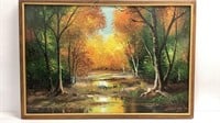 Oil painting of fall forest scene, Artist signed,