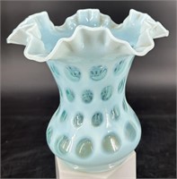 Fenton Blue Opal Coindot Ruffle Vase Uv Reactive