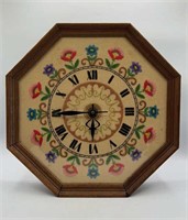 VTG Floral Crewel Embroidery Octagon Wall Clock
